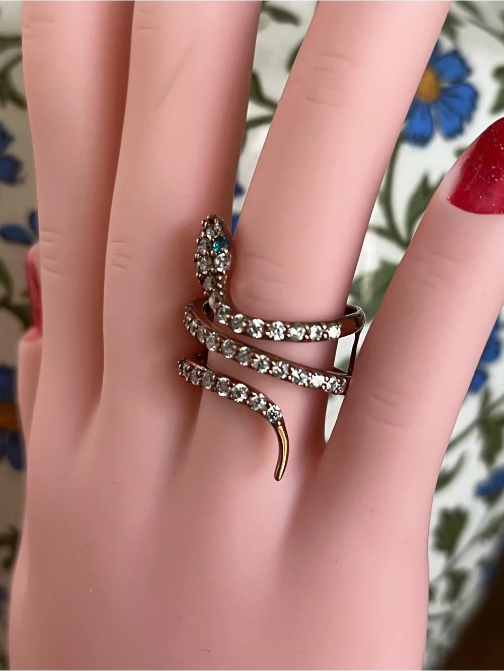 Crystal Snake Wrap Ring in Silver with Teal Accent. Size 8
